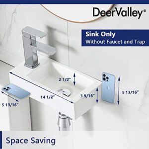 DeerValley DV-1V081L Liberty Wall Mount Sink, Rectangle Mini Vessel Sink,Small Bathroom Cloakroom White Porcelain Ceramic Wash Basin Right/Left Hand (Left Hand) (Left Hand)