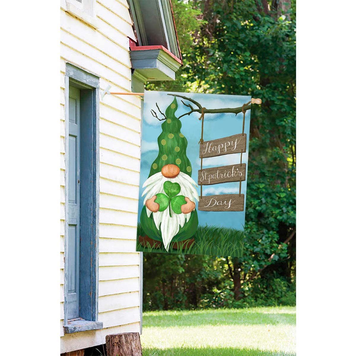 Morigins Happy St Patrick's Day Leprechaun Clover Double Sided Spring House Flag 28x40 inch
