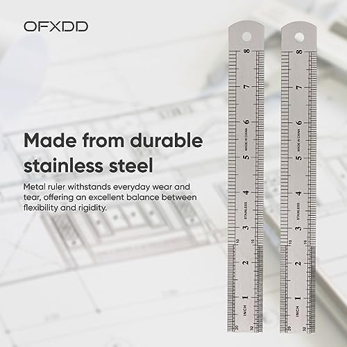 Stainless Steel Metric and Imperial Ruler - 8 Inches (20 cm) - Metal Flexible Ruler - Centimeters & Inch Metal Ruler Steel