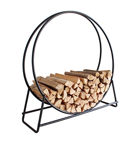 Everflying Price 40 Inch Firewood Log Hoop Rack, Round Tubular Steel Outdoor Wood Storage Holder, Black