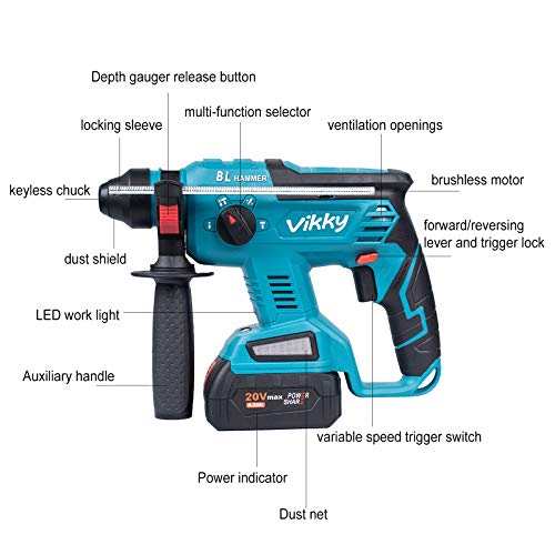 Vikky 20V SDS Plus rotary hammer drill, brushless cordless demolition hammer kit, with 4.2Ah battery and charger, 4 functions, suitable for drill bits, point/flat/U-shaped chisels