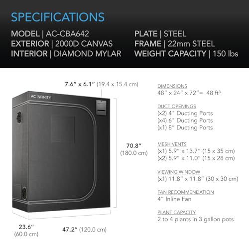 AC Infinity CLOUDLAB 642 Advance Grow Tent, 48”x24”x72” Thickest 1 in. Poles, Highest Density 2000D Diamond Mylar Canvas, 4x2 for Hydroponics Indoor Growing