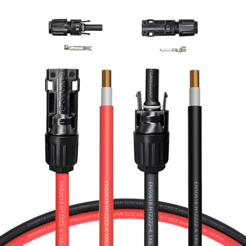 Witproton 10 FT 20 FT 10 AWG (6mm²) Solar Extension Cables 1500V Tinned Copper Solar Cable with Hard PPO Plastic 1.5KV 50A IP68 PV Male and Female Connectors at Each End (20FT (10AWG))