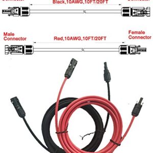 Slocable Solar Panel Extension Cable - 10ft 10awg Solar Cable with IP68 Solar Female and Male PV Cable Connectors (10ft Red + 10ft Black)