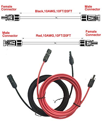 Slocable Solar Panel Extension Cable - 10ft 10awg Solar Cable with IP68 Solar Female and Male PV Cable Connectors (10ft Red + 10ft Black)