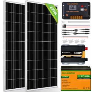 eco-worthy 200 watt 12v complete solar panel starter kit for rv off grid with battery and inverter: 200w solar panels+30a charge controller+50ah lithium battery+600w solar power inverter