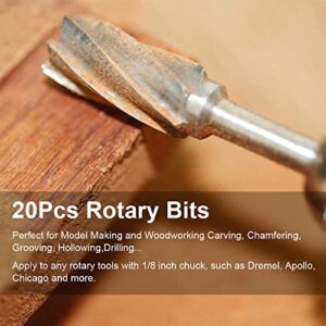 Wood Carving Bits Engraving Router Bit, 20pcs HSS Different Rotary Burr Set with 1/8"(3mm) Shank for Rotary Tools for DIY Woodworking, Carving, Drilling, Engraving, Trimming