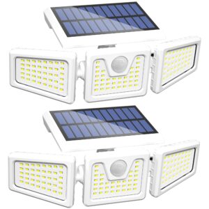 incx 156 led solar motion lights outdoor 2 pack, 3 heads solar security lights with motion sensor ip65 waterproof, flood lights for wall, patio, garden, porch, garage white