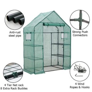 Walk-in Greenhouse 77x56x30 in 2 Windows 3 Tiers 4 Shelves 8 Net Rack Buckles Hot House Roll Up Zipper Door Plant Gardening Portable Green House for Indoor Outdoor Use Extra Anchors & Wind Ropes