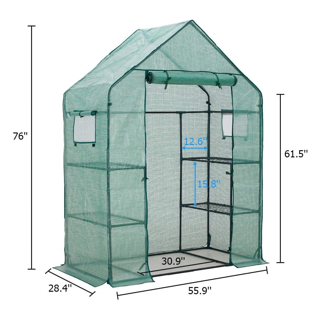 Walk-in Greenhouse 77x56x30 in 2 Windows 3 Tiers 4 Shelves 8 Net Rack Buckles Hot House Roll Up Zipper Door Plant Gardening Portable Green House for Indoor Outdoor Use Extra Anchors & Wind Ropes
