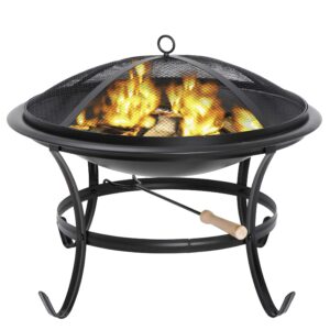 lemy 22 inch outdoor firepit wood burning bbq grill steel firepit bowl for patio backyard garden camping picnic bonfire w/spark screen cover, log grate, fire poker