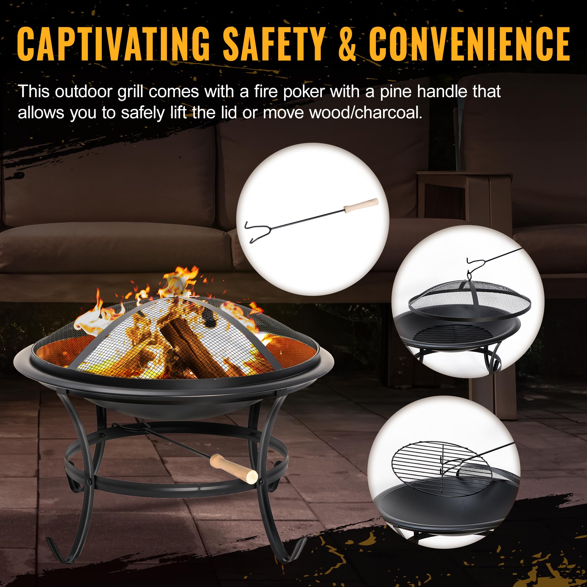 LEMY 22 Inch Outdoor Firepit Wood Burning BBQ Grill Steel Firepit Bowl for Patio Backyard Garden Camping Picnic Bonfire w/Spark Screen Cover, Log Grate, Fire Poker