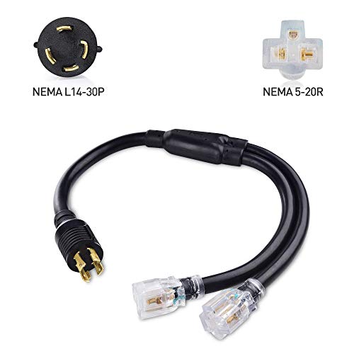 Cable Matters LED-Lit 3 Prong 30 Amp to 15 Amp Adapter for Generator (30 AMP to 110 Adapter Splitter) 3 Feet - NEMA L5-30P to 2X 5-20R & LED-Lit 4 Prong 30 Amp to 15 Amp Adapter 30 Inches