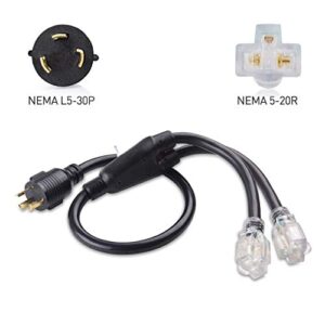 Cable Matters LED-Lit 3 Prong 30 Amp to 15 Amp Adapter for Generator (30 AMP to 110 Adapter Splitter) 3 Feet - NEMA L5-30P to 2X 5-20R & LED-Lit 4 Prong 30 Amp to 15 Amp Adapter 30 Inches