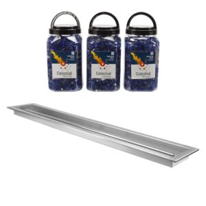 celestial fire glass 48" x 6" drop-in burner pan and 3 jars of 1/2" meridian blue tempered fire glass bundle