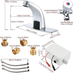 Automatic Touchless Bathroom Faucet Motion Sensor Sink Faucets, Hands Free Water Tap with Temperature Mixer Single Hole Cover Plate and 3/8" 1/2" Adapter & 3 Hoses, Chrome Finished
