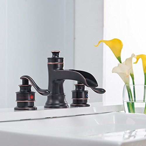 Homevacious Widespread Bathroom Faucet Waterfall with Pop Up Drain Assembly Farmhouse 3 Hole 2-Handle 8-16 Inch Sink Vanity Bath with Overflow Supply Line Lead-Free