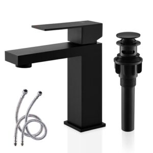 kenes matte black single handle bathroom sink faucet, stainless steel vanity faucet for bathroom sink, with pop up drain stopper & water supply hoses lj-9031-2