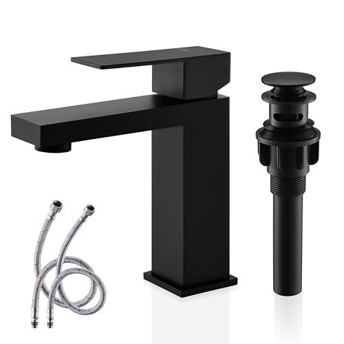 KENES Matte Black Single Handle Bathroom Sink Faucet, Stainless Steel Vanity Faucet for Bathroom Sink, with Pop Up Drain Stopper & Water Supply Hoses LJ-9031-2