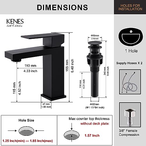 KENES Matte Black Single Handle Bathroom Sink Faucet, Stainless Steel Vanity Faucet for Bathroom Sink, with Pop Up Drain Stopper & Water Supply Hoses LJ-9031-2