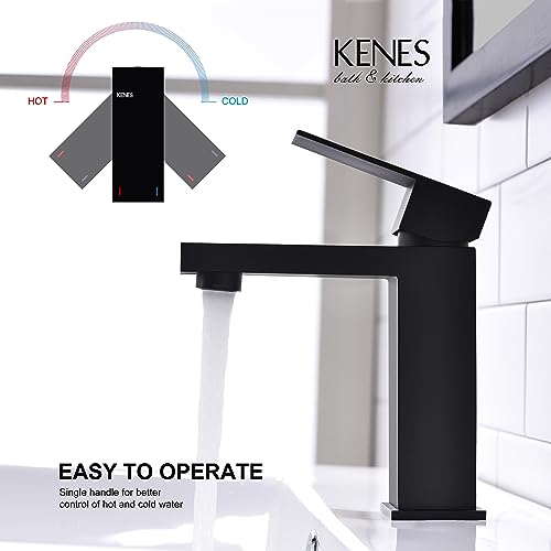 KENES Matte Black Single Handle Bathroom Sink Faucet, Stainless Steel Vanity Faucet for Bathroom Sink, with Pop Up Drain Stopper & Water Supply Hoses LJ-9031-2