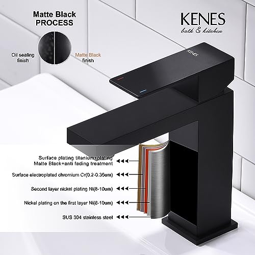 KENES Matte Black Single Handle Bathroom Sink Faucet, Stainless Steel Vanity Faucet for Bathroom Sink, with Pop Up Drain Stopper & Water Supply Hoses LJ-9031-2