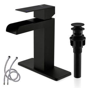 kenes matte black waterfall bathroom faucet, single handle black bathroom sink faucet with faucet escutcheons, pop up drain stopper & lead-free water supply lines lj-9035-2