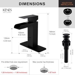 KENES Matte Black Waterfall Bathroom Faucet, Single Handle Black Bathroom Sink Faucet with Faucet Escutcheons, Pop Up Drain Stopper & Lead-Free Water Supply Lines LJ-9035-2