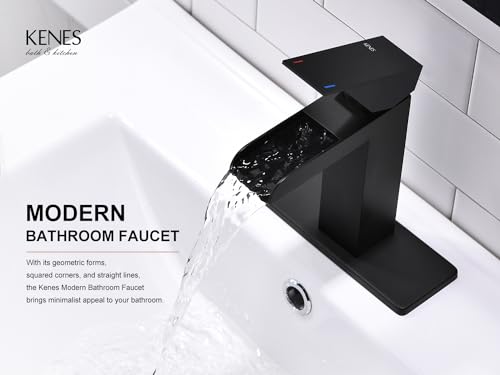 KENES Matte Black Waterfall Bathroom Faucet, Single Handle Black Bathroom Sink Faucet with Faucet Escutcheons, Pop Up Drain Stopper & Lead-Free Water Supply Lines LJ-9035-2