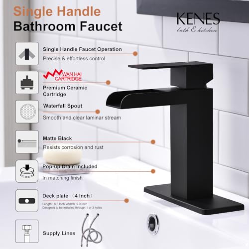 KENES Matte Black Waterfall Bathroom Faucet, Single Handle Black Bathroom Sink Faucet with Faucet Escutcheons, Pop Up Drain Stopper & Lead-Free Water Supply Lines LJ-9035-2