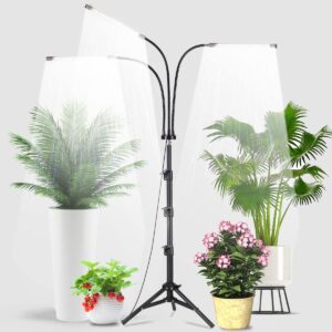 juhefa grow light with stand, 5500k full spectrum tri-head 60w floor plant lights with white & red bulbs for indoor plants,5 levels dimmable,timing 4/8/12h,tripod adjustable 15-47inch
