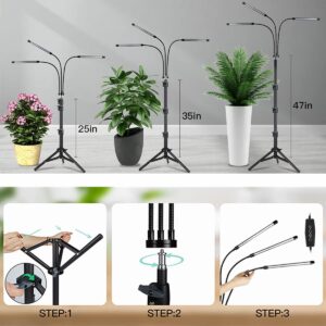 Juhefa Grow Light with Stand, 5500K Full Spectrum Tri-Head 60W Floor Plant Lights with White & Red Bulbs for Indoor Plants,5 Levels Dimmable,Timing 4/8/12H,Tripod Adjustable 15-47Inch