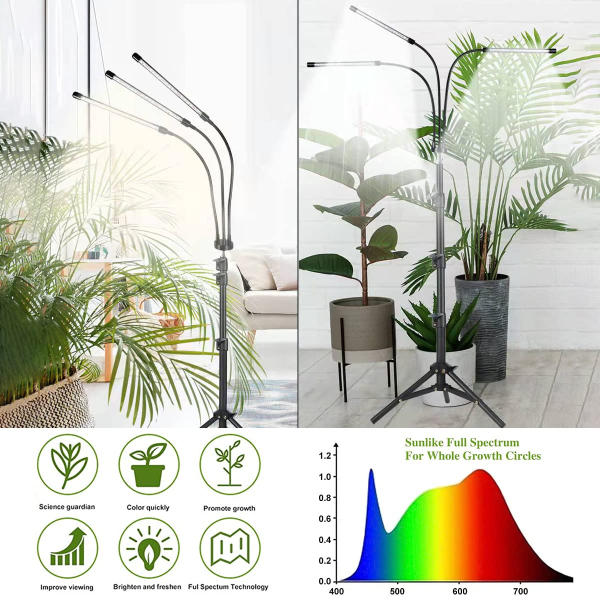 Juhefa Grow Light with Stand, 5500K Full Spectrum Tri-Head 60W Floor Plant Lights with White & Red Bulbs for Indoor Plants,5 Levels Dimmable,Timing 4/8/12H,Tripod Adjustable 15-47Inch