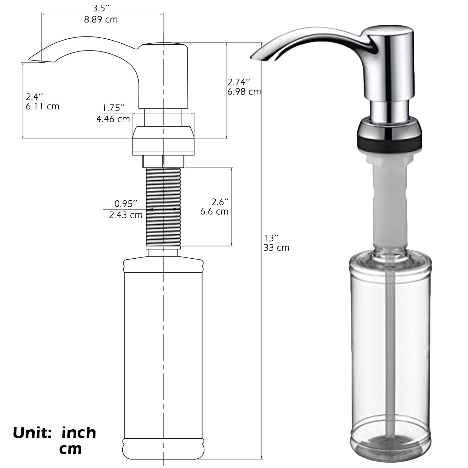 Soap Dispenser for Kitchen Sink Counter Dispenser 17 OZ Bottle Built in Refill from The Top (Brushed Nickel)