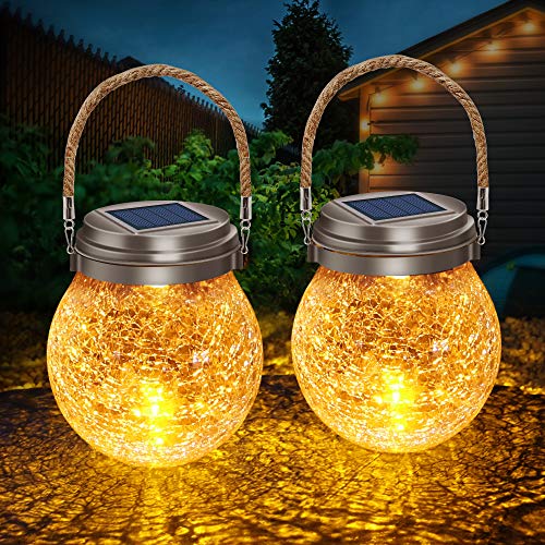 DBF Solar Lantern Crackle Glass Ball, Amber Warm Solar Lanterns Outdoor Waterproof Solar Garden Decor Patio Lights with 2 Modes Hanging Solar Lights Outdoor Decorative Lantern,2 Pack