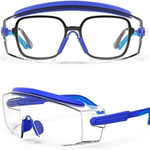 MEIGIX Anti Fog Safety Glasses Safety Goggles Over Glasses Protective Glasses with Anti Scratch Lenses Adjustable Frame And Temples,Clear, Lab Eyewear Goggles for men & Women(Blue 1 Pair)