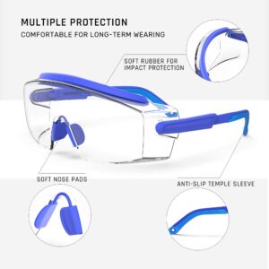 MEIGIX Anti Fog Safety Glasses Safety Goggles Over Glasses Protective Glasses with Anti Scratch Lenses Adjustable Frame And Temples,Clear, Lab Eyewear Goggles for men & Women(Blue 1 Pair)