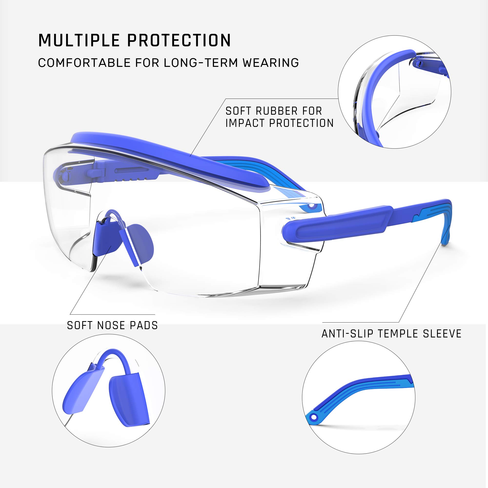 MEIGIX Anti Fog Safety Glasses Safety Goggles Over Glasses Protective Glasses with Anti Scratch Lenses Adjustable Frame And Temples,Clear, Lab Eyewear Goggles for men & Women(Blue 1 Pair)