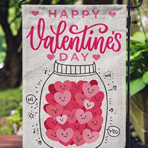 PAMBO Happy Valentines Day Garden Flag 12x18 Double Sided Burlap Hearts & Bottle Flags for Valentine Day Garden Yard Outdoor Decoration