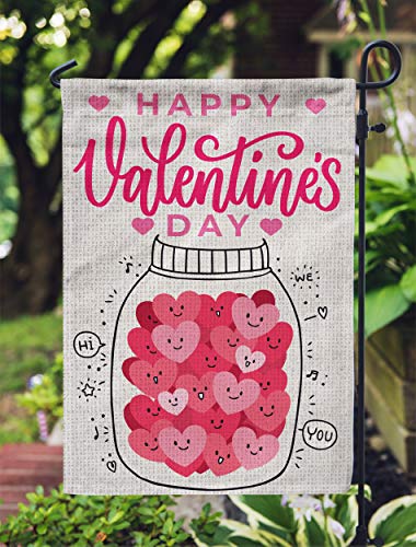 PAMBO Happy Valentines Day Garden Flag 12x18 Double Sided Burlap Hearts & Bottle Flags for Valentine Day Garden Yard Outdoor Decoration