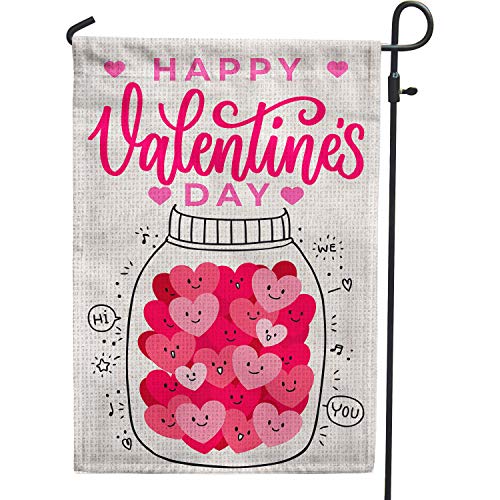 PAMBO Happy Valentines Day Garden Flag 12x18 Double Sided Burlap Hearts & Bottle Flags for Valentine Day Garden Yard Outdoor Decoration