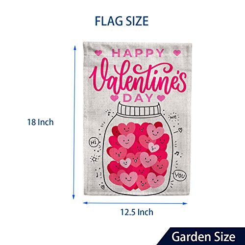 PAMBO Happy Valentines Day Garden Flag 12x18 Double Sided Burlap Hearts & Bottle Flags for Valentine Day Garden Yard Outdoor Decoration