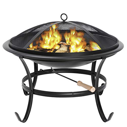 22Inches Fire Pit Outdoor Steel Wood Burning BBQ Grill Firepit Bowl Fireplace with Mesh Screen & Fire Poker, Log Grate