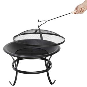 22Inches Fire Pit Outdoor Steel Wood Burning BBQ Grill Firepit Bowl Fireplace with Mesh Screen & Fire Poker, Log Grate