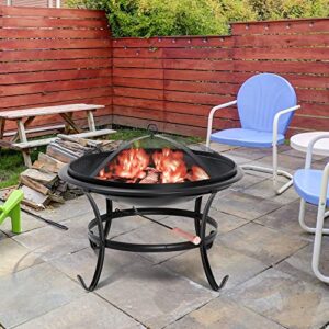 22Inches Fire Pit Outdoor Steel Wood Burning BBQ Grill Firepit Bowl Fireplace with Mesh Screen & Fire Poker, Log Grate