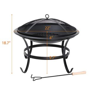 22Inches Fire Pit Outdoor Steel Wood Burning BBQ Grill Firepit Bowl Fireplace with Mesh Screen & Fire Poker, Log Grate