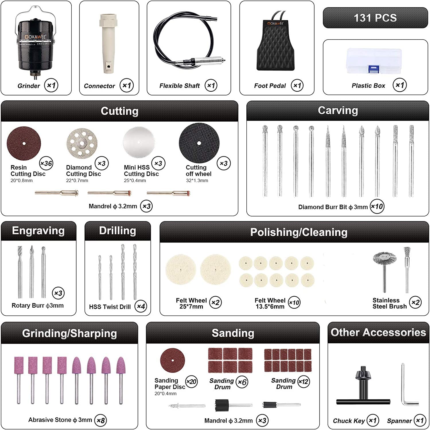 Flex Shaft Grinder Rotary Tool, GOXAWEE Hanging Grinding Machine with 3-Jaw Chuck& Stepless Speed Foot Pedal, Power Multi-Function Tool with 131pcs Accessories for DIY and Crafting Projects