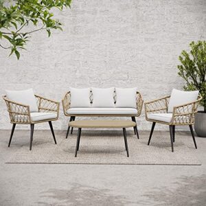 quality outdoor living 29-yz04hm hermosa 4pc conversation set, tan wicker w/black aluminum and off-white cushions