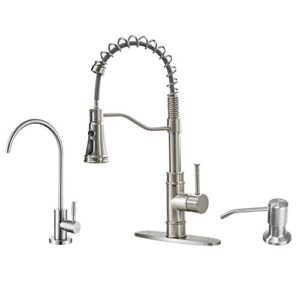 owofan brushed kitchen faucet including stainlees steel drinking water faucet, and copper soap dispenser
