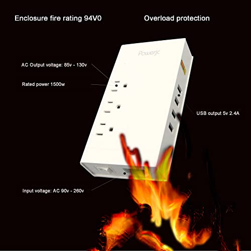 Powerjc Step Down Power Adapter Voltage Converter 220V to 110V 1500w with Smart 4 Port USB Charging